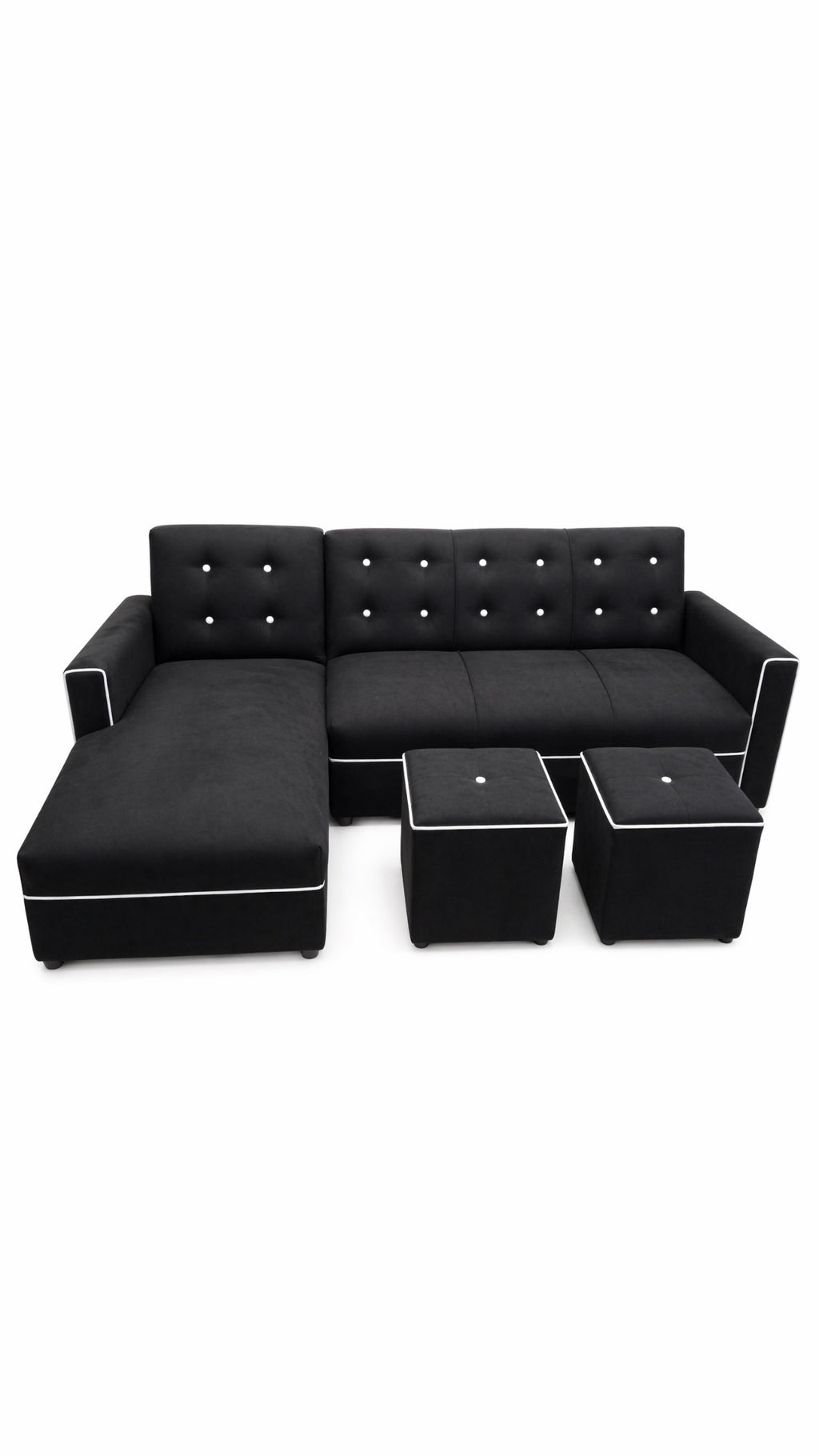 Combo sofá chaise + mesa + 2 puffs