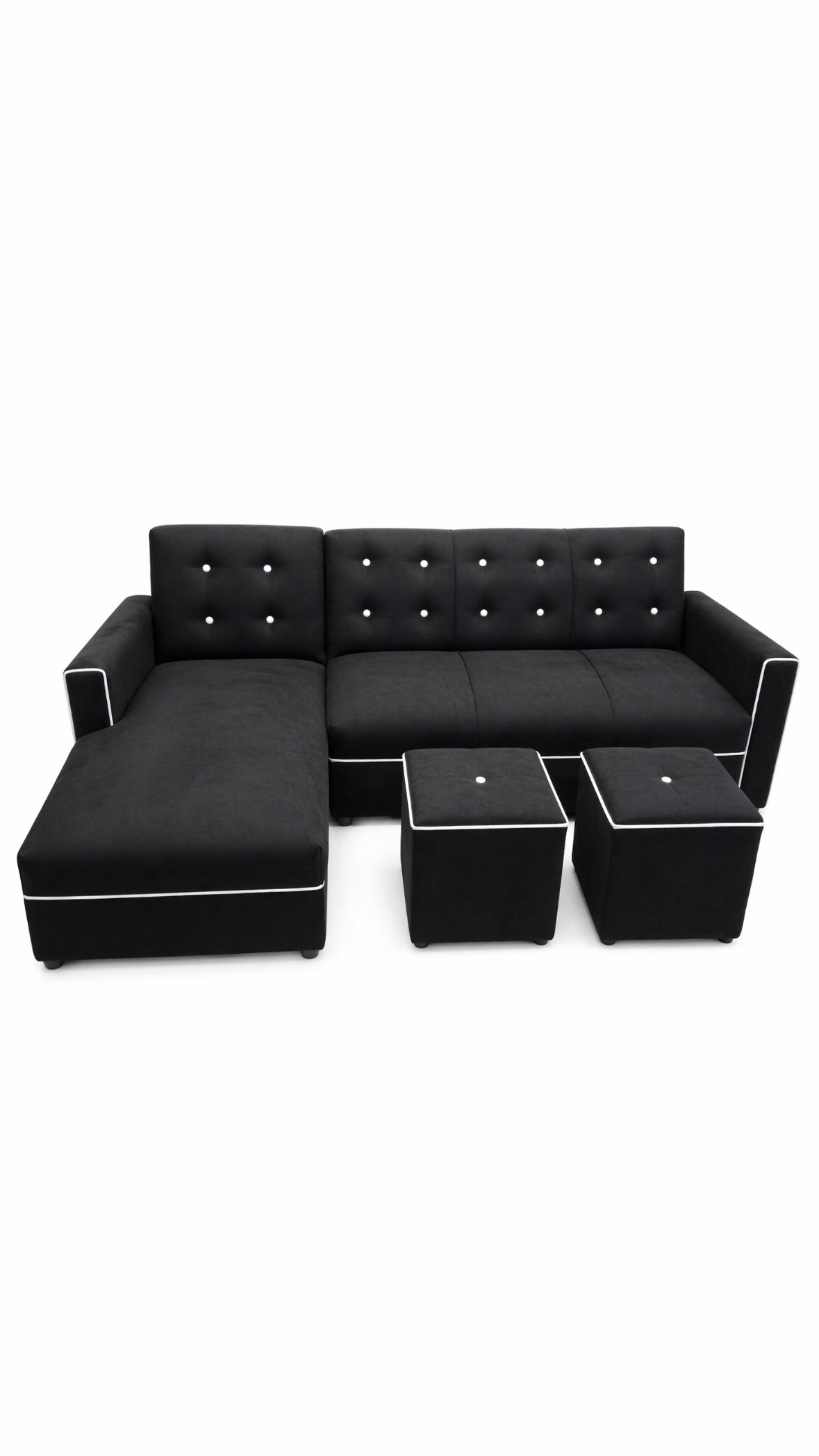 Combo sofá chaise + mesa + 2 puffs