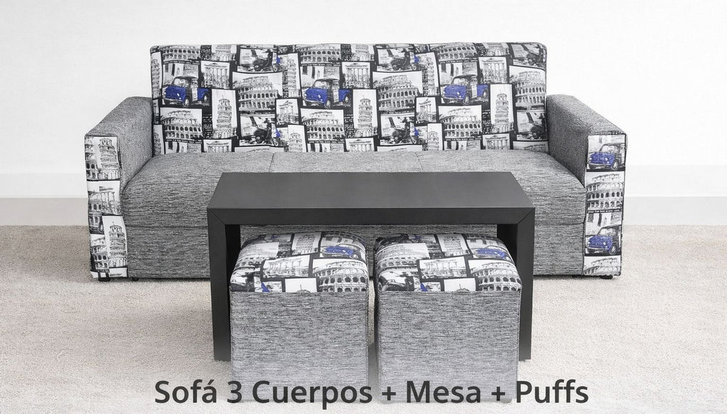 Sofá 3 Cuerpos + Mesa + 2 Puff tela pauli