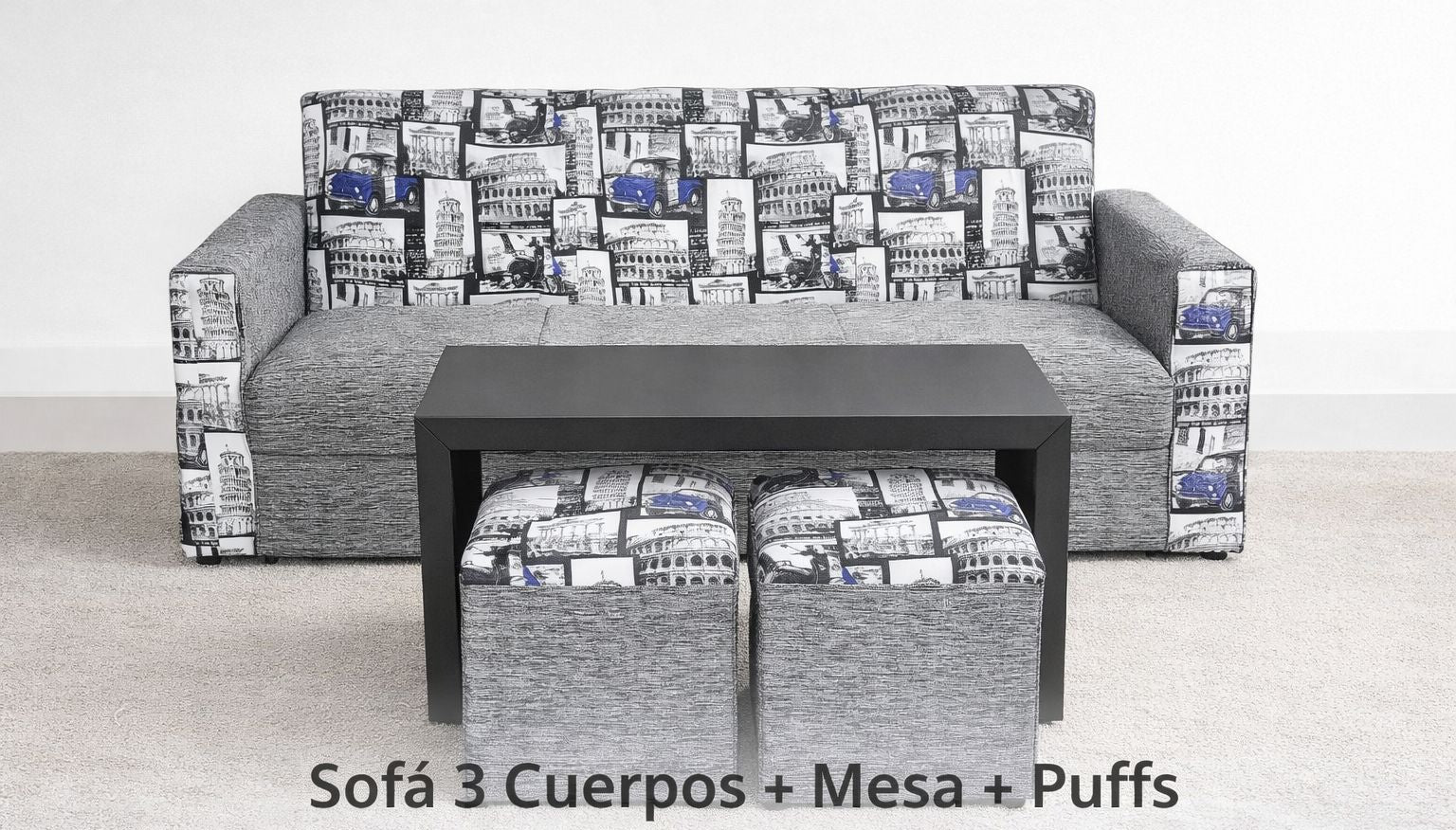 Sofá 3 Cuerpos + Mesa + 2 Puff tela pauli